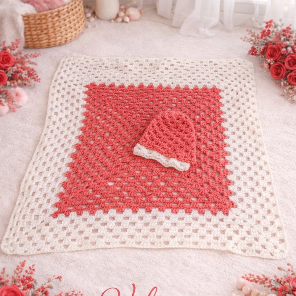 Crochet Baby Blanket and Hat Set in Pink and White